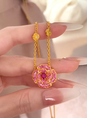 越南沙金中国风红牡丹花项链轻奢红刚玉玫瑰花吊坠送女友礼物