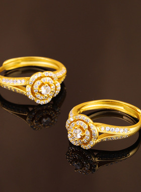 古法沙金镶钻玫瑰花戒指仿黄金百搭指环手工镶嵌锆石花朵镀金饰品