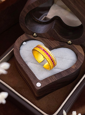 周家同款沙金红宝石麦穗腰缠万贯戒指 宽面活口双排钻指环送女友