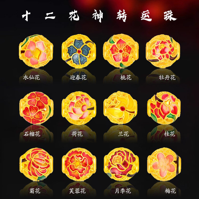 沙金十二花神转运珠仿黄金镂空珐琅彩灯笼手链串珠子手串DIY配件图片