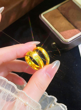 归真居越南沙金铜镀金爆闪cnc猫眼戒指 男女款指环素圈情侣对戒
