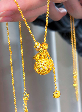 归真居越南沙金福袋吊坠项链 女镂空镶钻招财钱袋流苏锁骨链高级