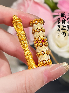 沙金八宝随身金佛普贤文殊菩萨项链挂坠藏式本命佛像黄金色