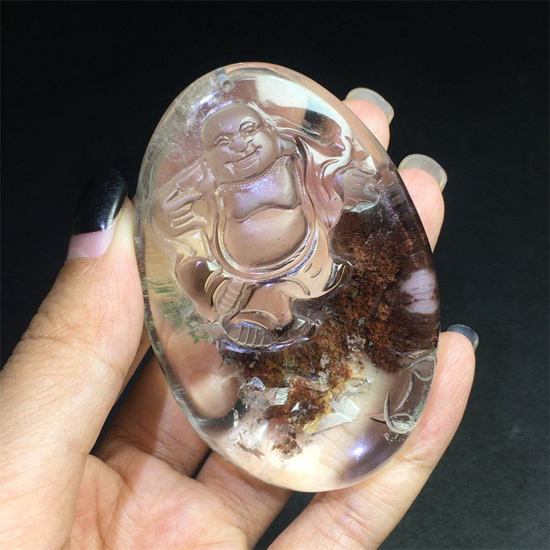 天然绿幽灵大肚佛吊坠发晶原石原矿项坠男女同款大师雕刻节日礼物