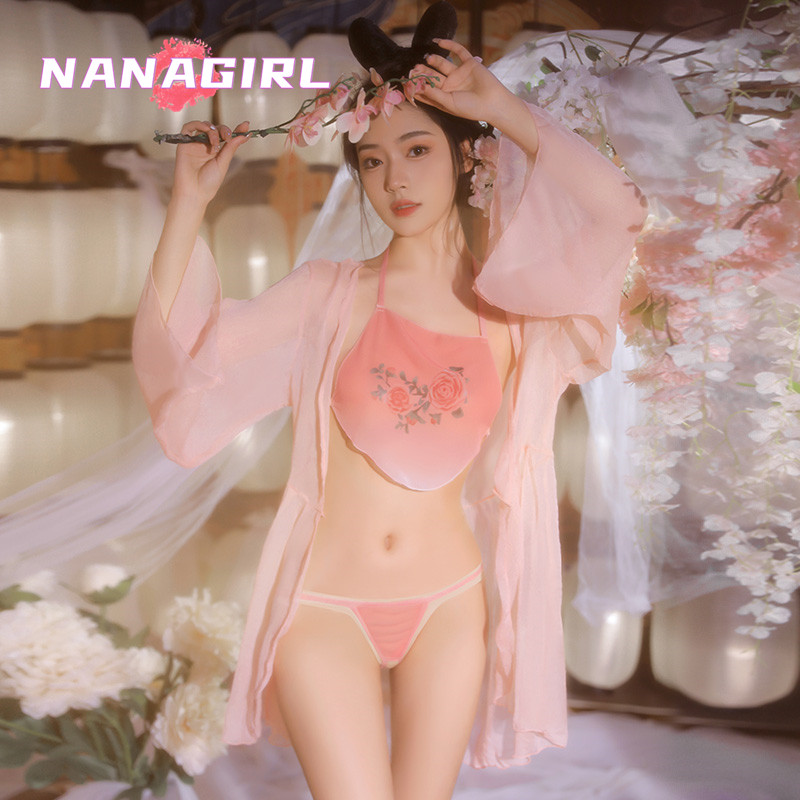 桃花姬古典改良汉服cosplay透明肚兜网纱性感制服套装仙女扮演