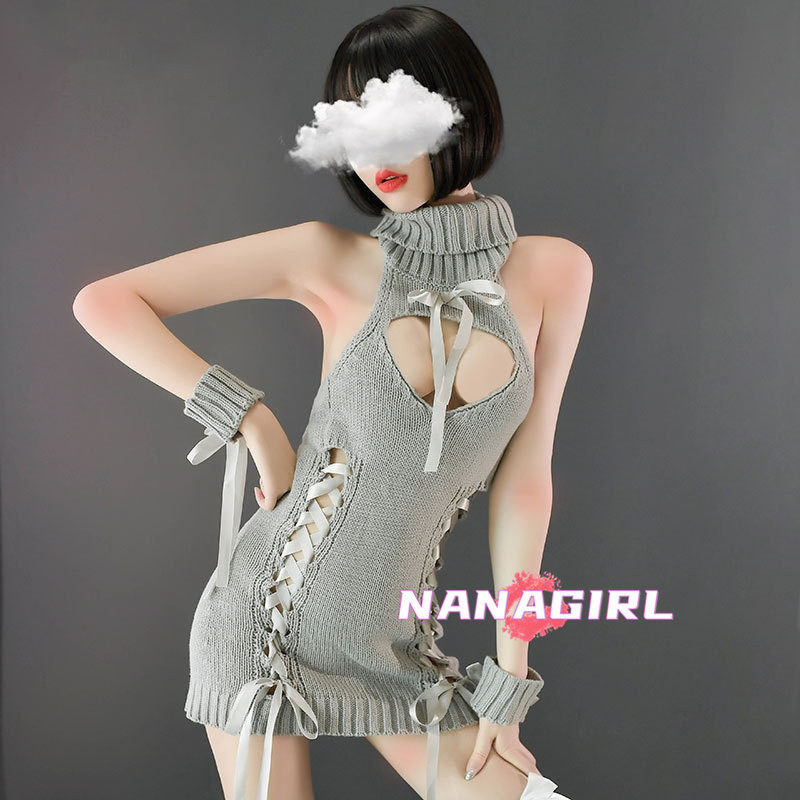 日系网红cosplay开胸露背绑带高领针织毛衣私房制服软妹少男杀手