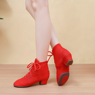 高帮爵士鞋子女软底舞蹈鞋练功帆布现代跳舞鞋儿童成人红色爵士靴