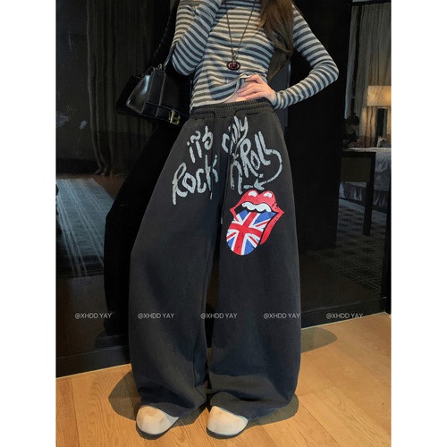早秋黑色涂鸦做旧阔腿卫裤女