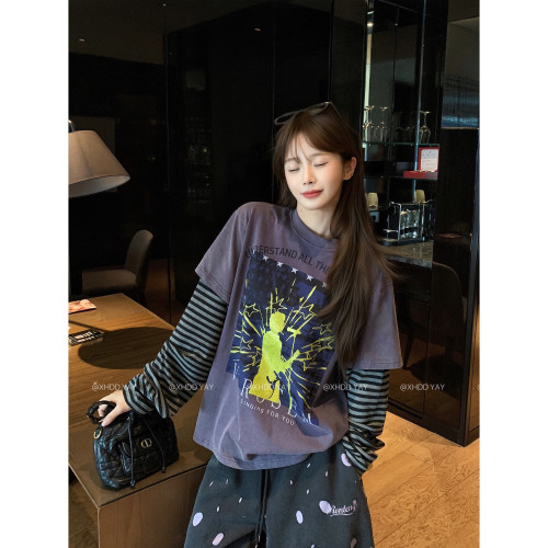 韩系假两件宽松百搭长袖T恤女