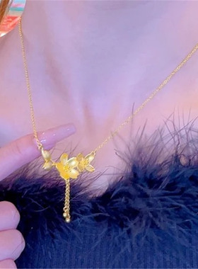 金店同款仿黄金色999古法双生莲花项链女流苏锁骨链颈链婚嫁三金