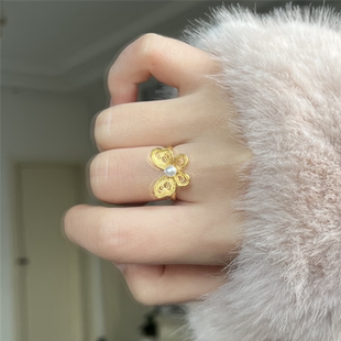 金铺同款花丝镂空珍珠蝴蝶戒指女仿黄金色新中式立体福蝶开口指环