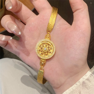 古法沙金点钻镂空可转动皇冠马车罗盘手链女款圆盘星轮表带手饰品