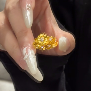 仿黄金色镶嵌点钻一路繁花锦簇戒指女复古中式立体雕花朵活口指环