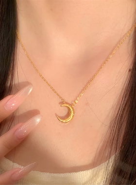 仿真黄金拉丝镶钻星星弯月项链女