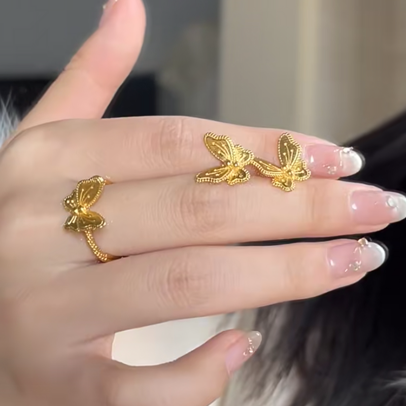 周家同款仿真黄金花月佳期梦蝴蝶戒指女立体超闪开口不掉色食指环