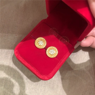 强保色沙金新中式花丝麦穗点钻腰缠万贯耳钉女耳环黄金色圆形耳饰