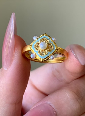 沙金花丝珐琅宋韵四合如意珍珠戒指女999黄金色高级开口戒子指环