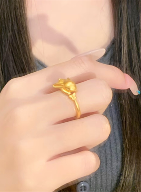 复古可爱拉丝小兔子开口戒指女