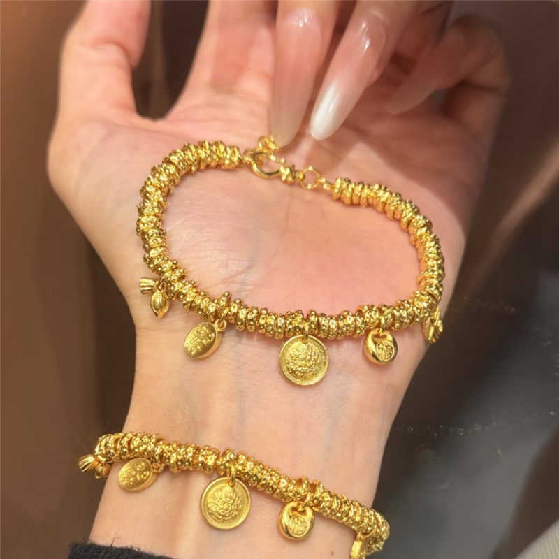 古法传承沙金黄财神多宝锤纹盘缠手链女仿黄金碎金色腰缠万贯手环