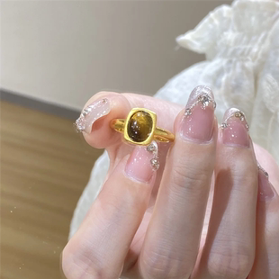新中式方形镶嵌虎眼石戒指女轻奢高级复古可调节食指戒不掉色指环