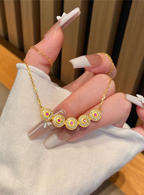 钱多多！点钻红宝石钱币项链女