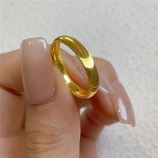 5D爆闪亮面猫眼石戒指女仿黄金色小众轻奢实心闭口素圈指环不掉色