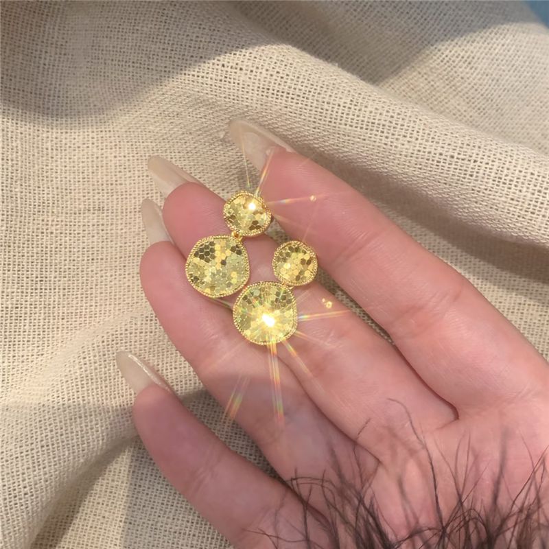 cnc爆闪波光粼粼碎碎冰圆形耳环耳钉女黄金色几何高级感轻奢耳饰