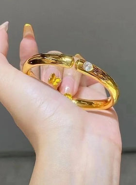 不掉色~5G硬金工艺亮金色点钻泥鳅背开口手镯女新中式婚嫁首饰品