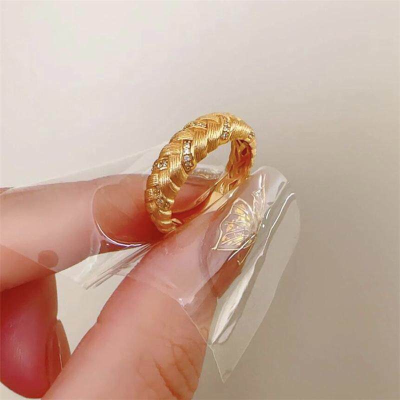 中古拉丝编织点钻戒指女轻奢感意大利小众设计金色麻花开口食指戒