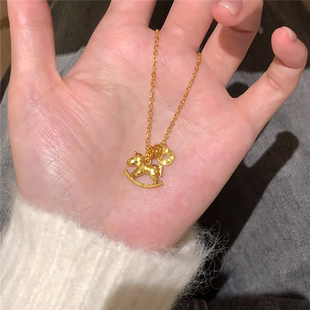 【马上有钱】碎冰冰工艺超闪摇摇小马铜钱项链女仿黄金送女友礼物