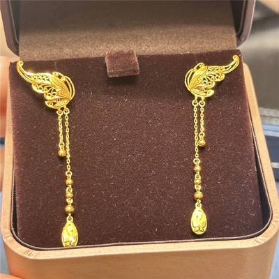 高保色~24k金色古法手工镂空花丝梦蝶耳线女蝴蝶耳环耳饰婚嫁首饰