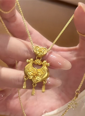 花丝牵囍百合花如意小金锁项链