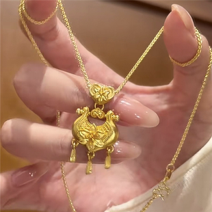 古法花丝牵囍百合花如意小金锁吊坠项链女仿黄金色平安锁包锁骨链