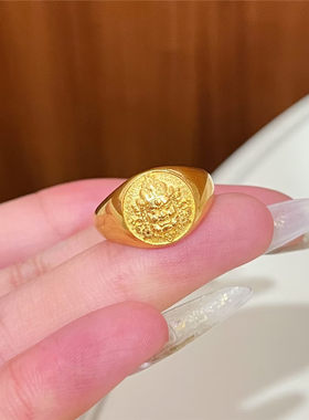 雕刻招财黄财神印章戒指男女同款