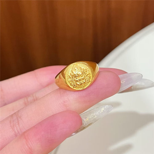 雕刻招财黄财神印章戒指男女同款