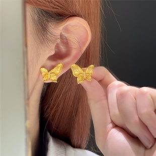 金店同款漫舞轻纱蝶影耳钉女黄金色镶钻梦幻灵动立体蝴蝶耳饰耳环