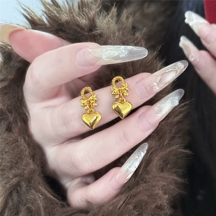 古法沙金镜面亮金色蝴蝶结爱心耳环耳饰品送女友浪漫表白心形耳钉