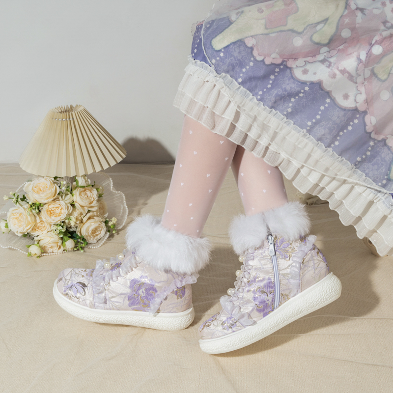 国风汉服厚底鞋珍珠洛丽塔女鞋粗跟粉色民族风鞋学生公主鞋大码43