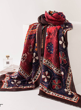 水溶羊毛红色围巾春秋长巾文艺民族风佩斯利腰果时尚保暖女士披肩