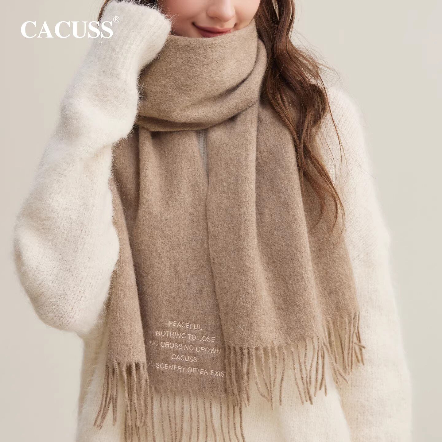 CACUSS纯羊毛围巾女士冬季时尚纯色刺绣保暖防寒保暖流苏披肩礼盒