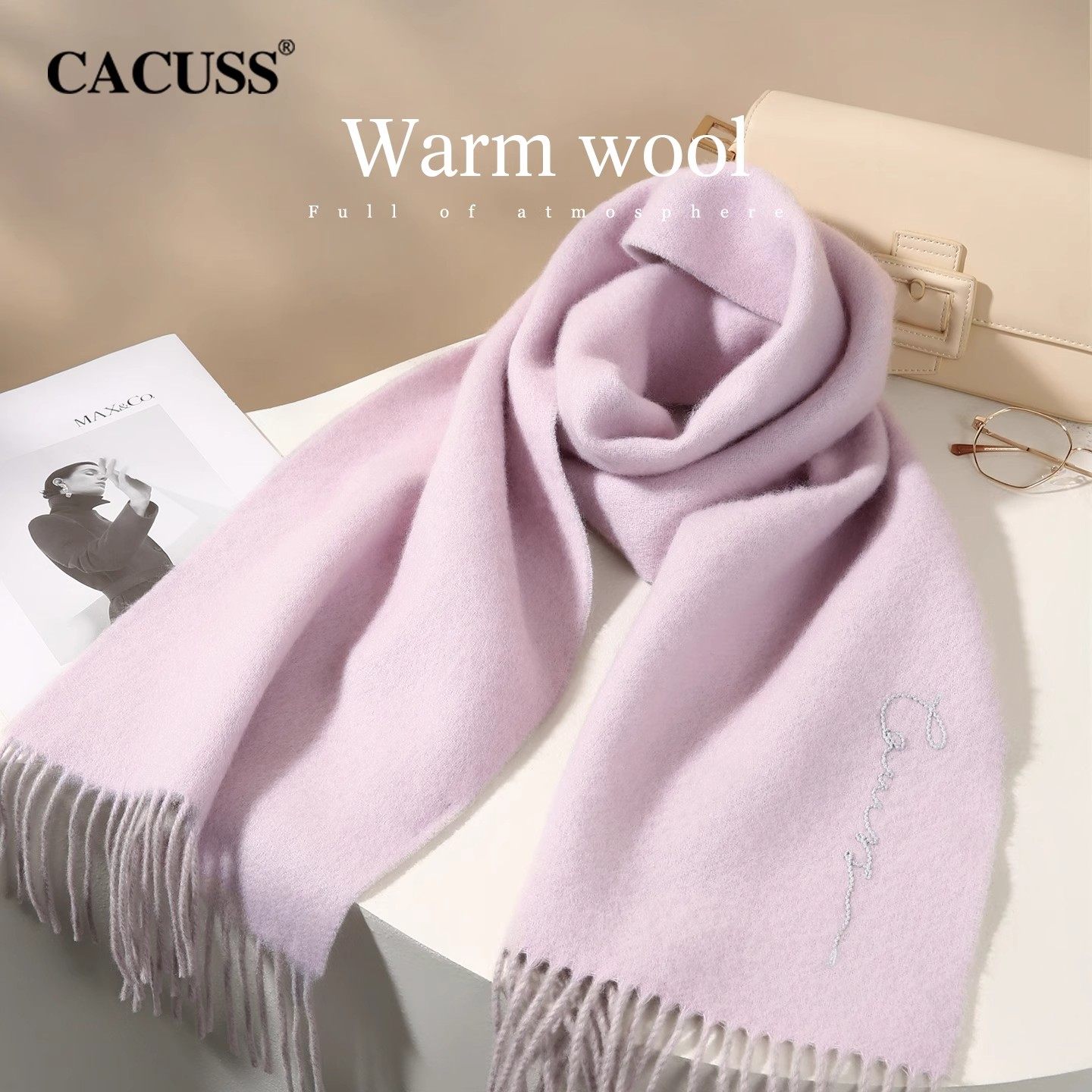 CACUSS双色纯羊毛围巾女款秋冬保暖披肩刺绣围脖氛围感送女友礼盒