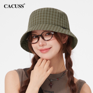 CACUSS帽子女春夏新款渔夫帽防晒大头围格纹薄款显脸小遮阳盆帽