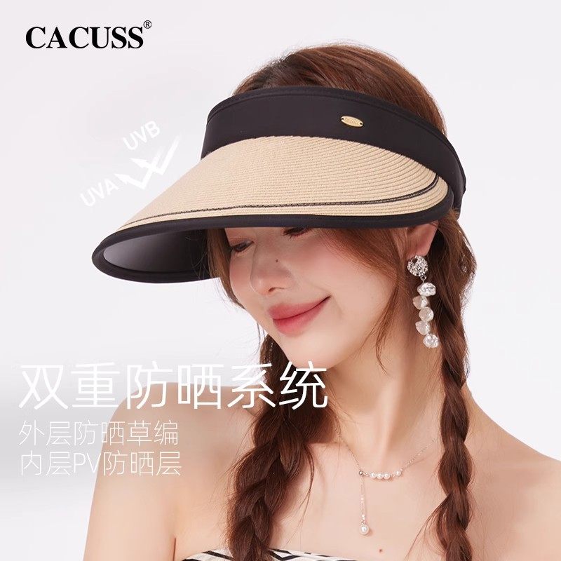 CACUSS防晒帽子女夏新款黑胶草编遮阳帽防紫外线太阳帽大檐空顶帽