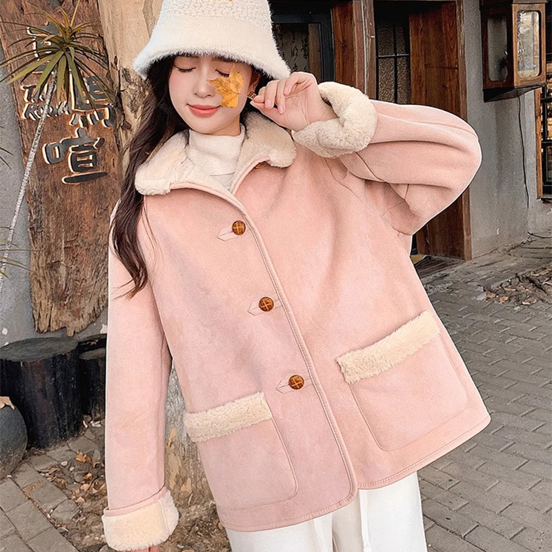 2025新款麂皮绒皮毛一体女秋冬季加绒加厚羊羔毛保暖复古外套大衣