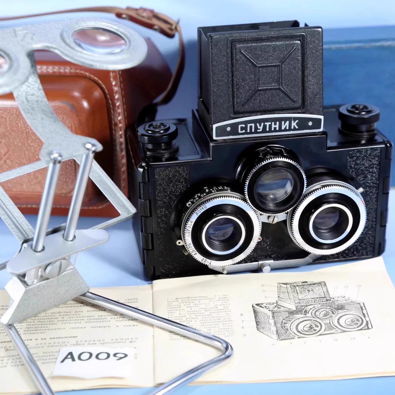 前苏联Sputnik卫星牌三眼立体老照相机 胶片胶卷120大全套收藏W6