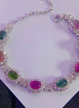 超美的七彩碧玺手链清爽糖果色S925银镀金精工镶嵌 主石5*7mm蛋面