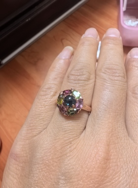 925银镀玫瑰金镶嵌天然碧玺戒指女款时尚百搭指环群镶碧玺戒指