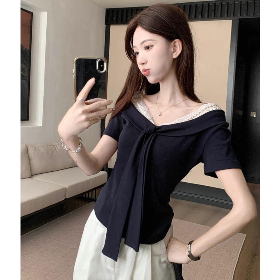 假两件藏蓝色正肩V领短袖t恤女夏日韩系独特显瘦海军领设计感上衣