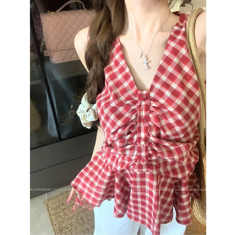 辣妹风格子V领背心女2025夏季新款修身显瘦褶皱外穿洋气吊带上衣