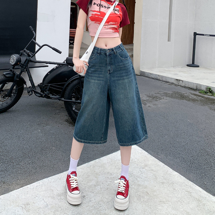 美式阔腿七分牛仔裤女2025年新款高腰显瘦小个子五分中裤夏季薄款